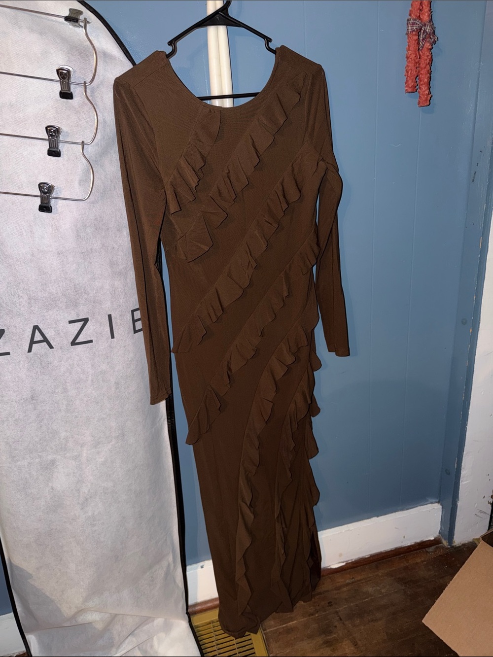 Ruffle-Accent Long Sleeve Maxi Dress in Brown